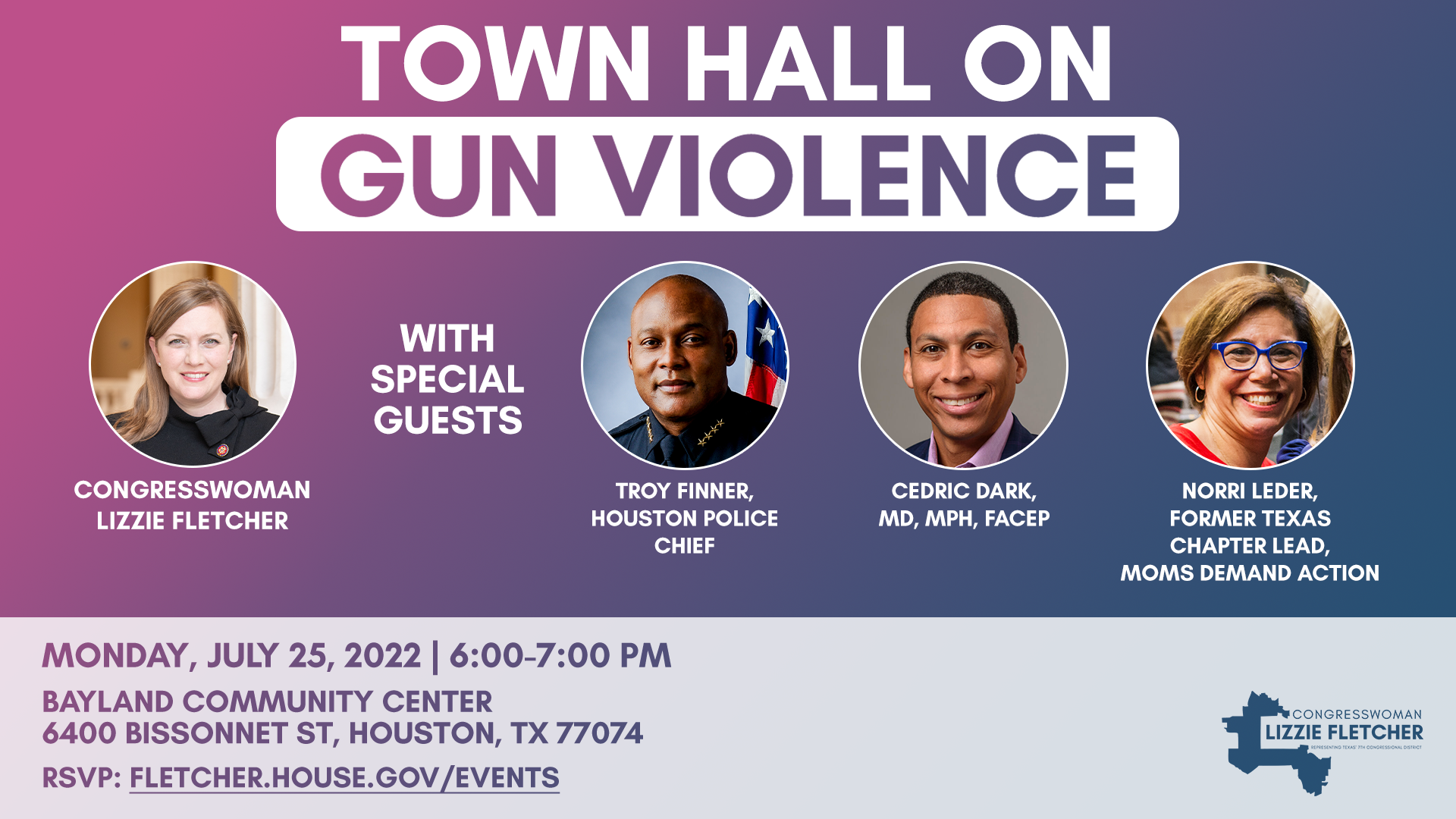 Town Hall on Gun Violence, July 25, 6pm at Bayland Community Center