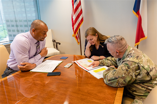 Rep. Fletcher discusses USACE studies with Col. Tim Vail and Byron Williams