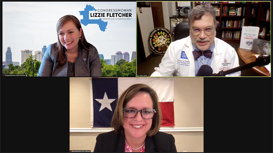 Screenshot of a virtual meeting with Rep. Fletcher, State Rep. Ann Johnson, and Dr. Peter Hotez